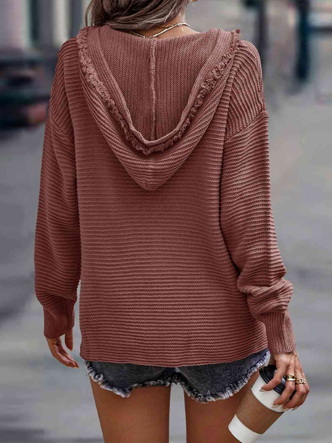 Women's Horizontal Ribbing Hooded Sweater