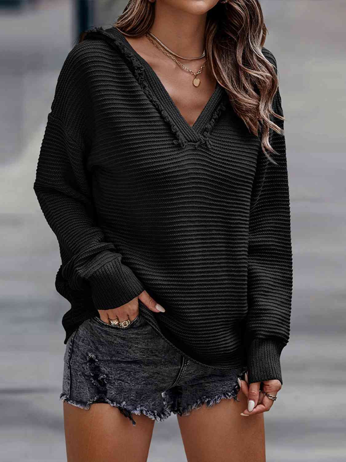 Women's Horizontal Ribbing Hooded Sweater Black