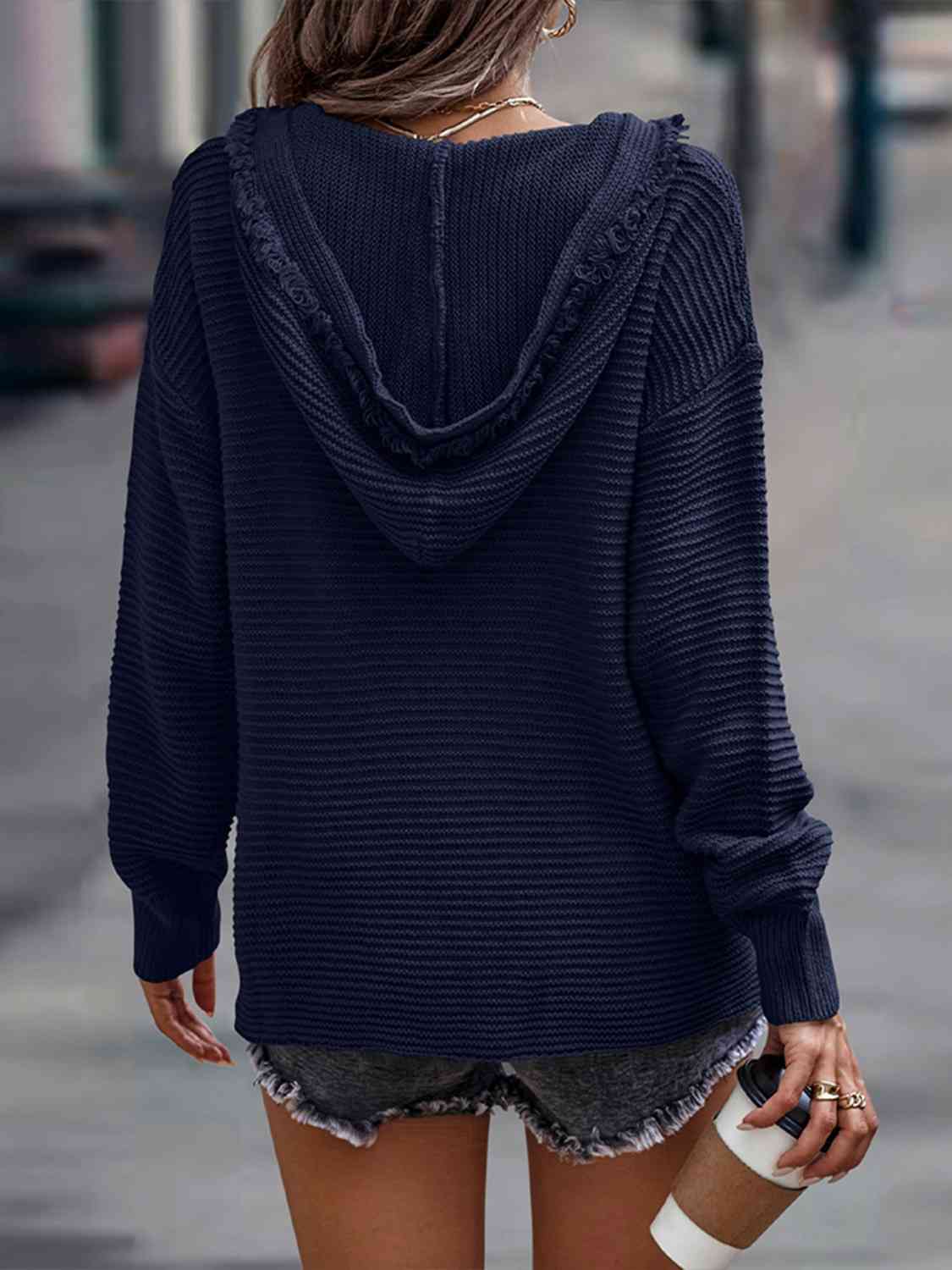 Women's Horizontal Ribbing Hooded Sweater