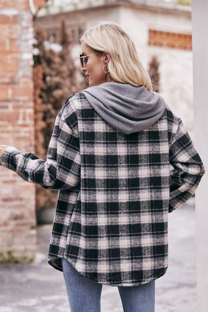 Women's Jacket with Plaid Dropped Shoulder Hood and Longline Length