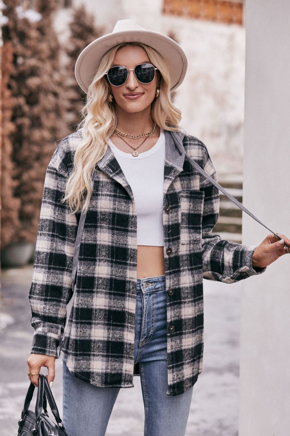 Women's Jacket with Plaid Dropped Shoulder Hood and Longline Length Black