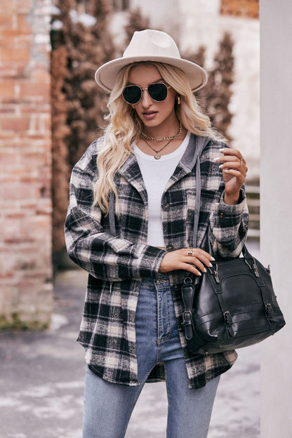 Women's Jacket with Plaid Dropped Shoulder Hood and Longline Length