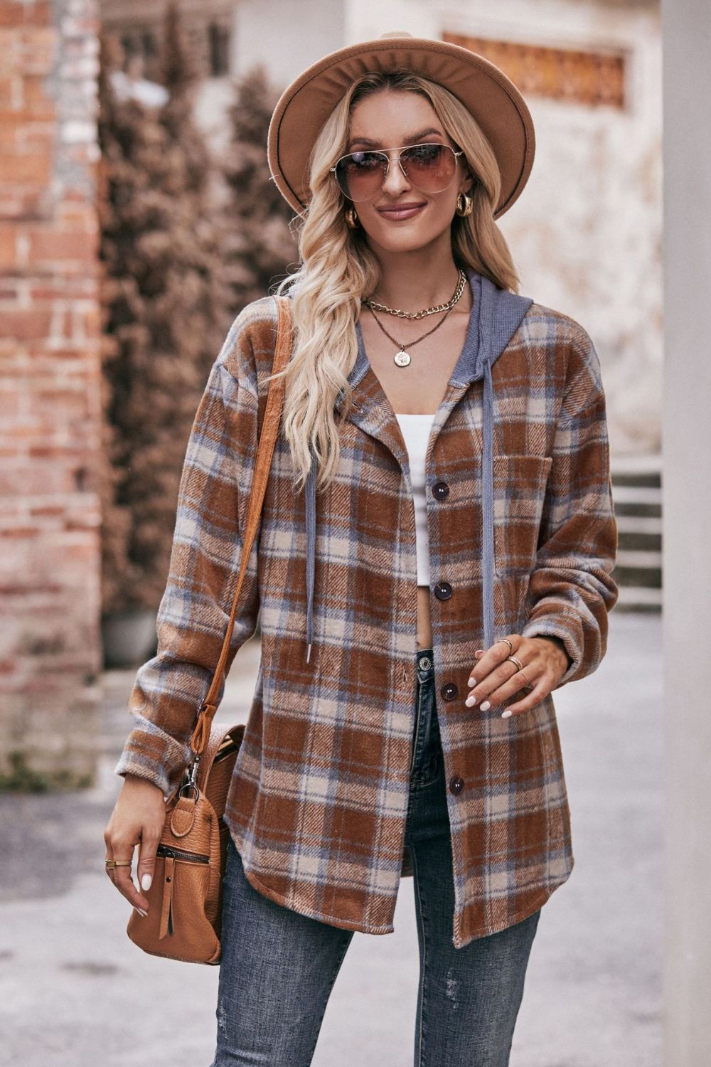 Women's Jacket with Plaid Dropped Shoulder Hood and Longline Length Chestnut
