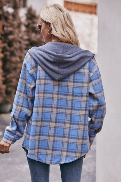 Women's Jacket with Plaid Dropped Shoulder Hood and Longline Length