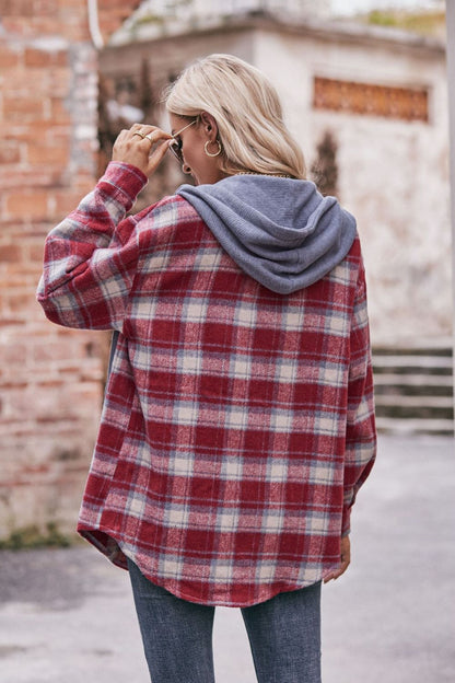 Women's Jacket with Plaid Dropped Shoulder Hood and Longline Length