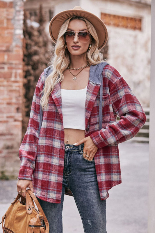 Women's Jacket with Plaid Dropped Shoulder Hood and Longline Length Deep Red