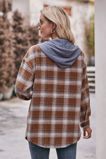 Women's Jacket with Plaid Dropped Shoulder Hood and Longline Length