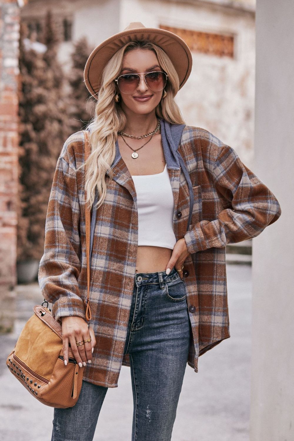 Women's Jacket with Plaid Dropped Shoulder Hood and Longline Length