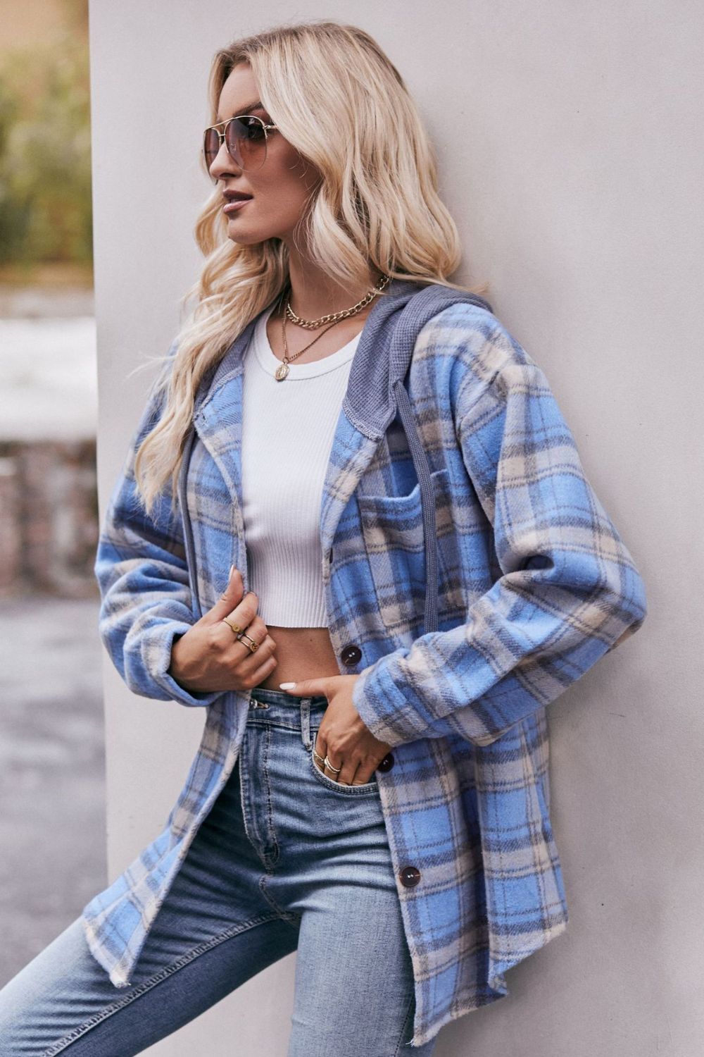 Women's Jacket with Plaid Dropped Shoulder Hood and Longline Length