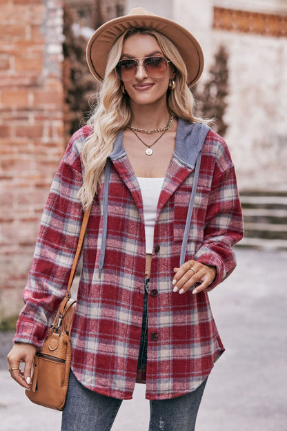 Women's Jacket with Plaid Dropped Shoulder Hood and Longline Length