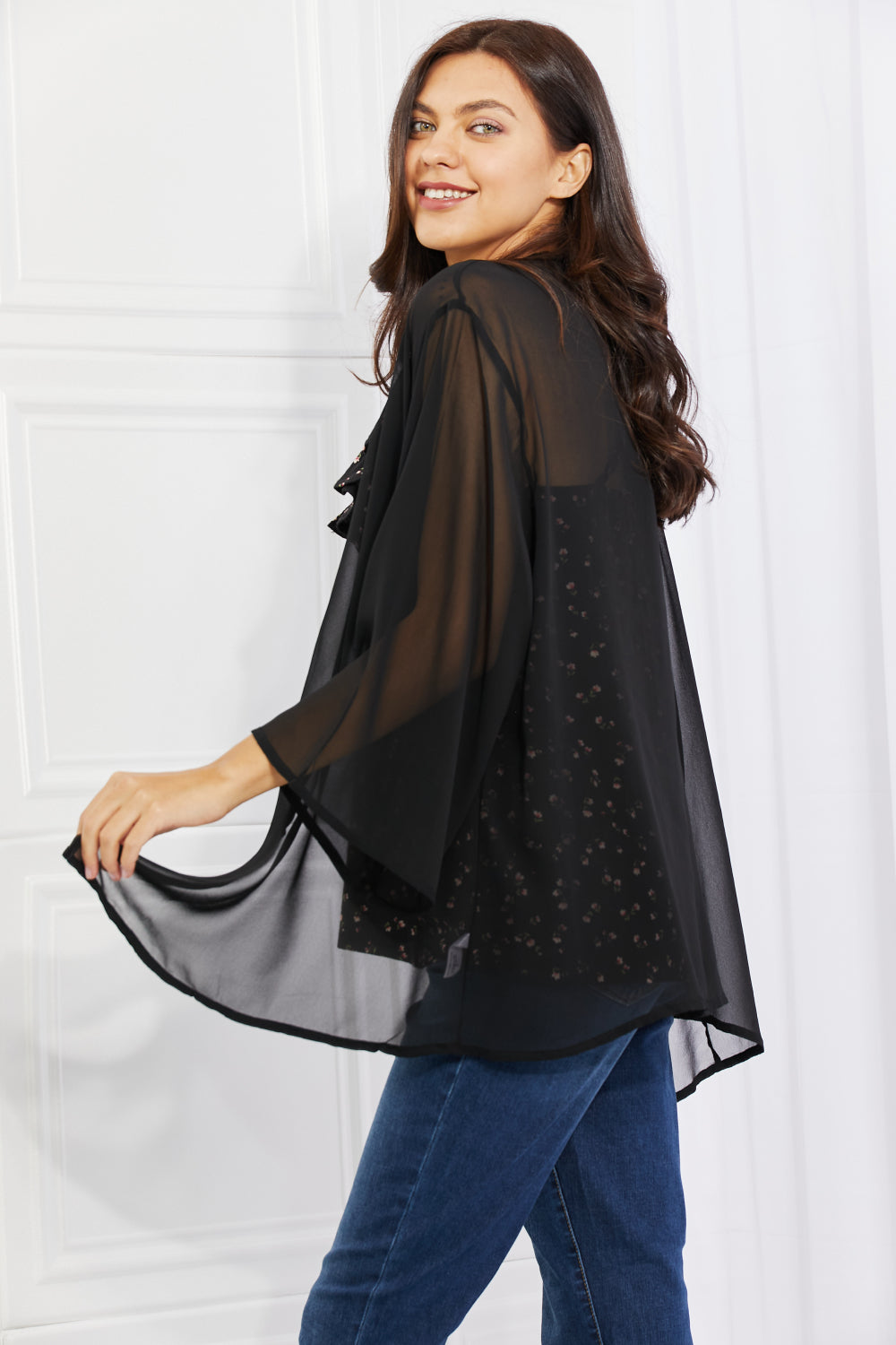 Women's Just Breathe Full Size Chiffon Kimono in Black