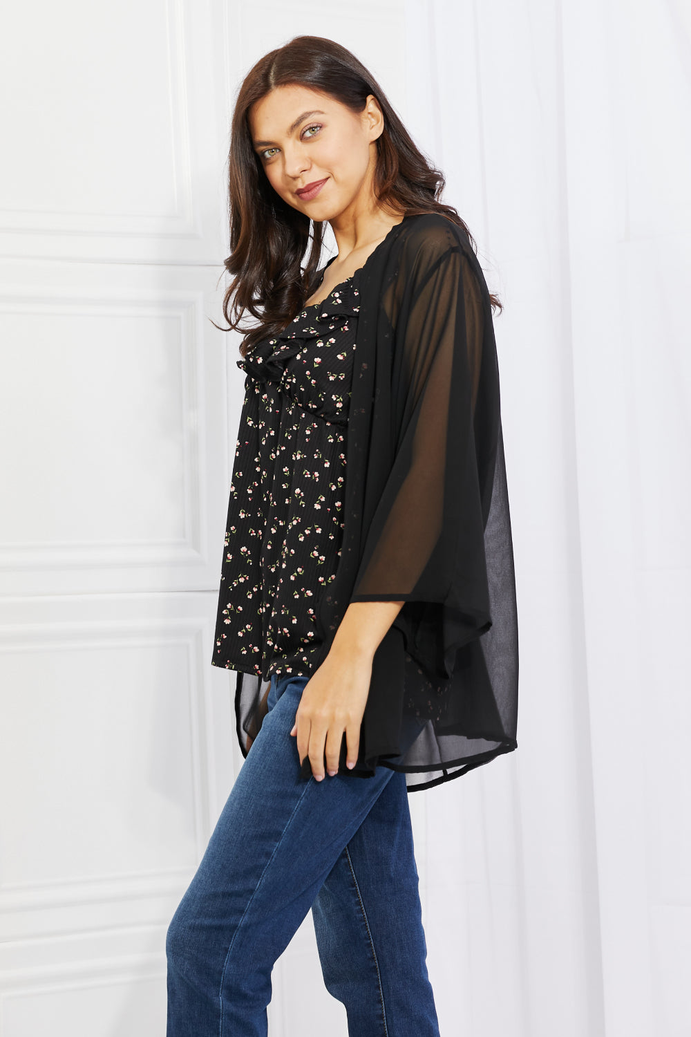 Women's Just Breathe Full Size Chiffon Kimono in Black