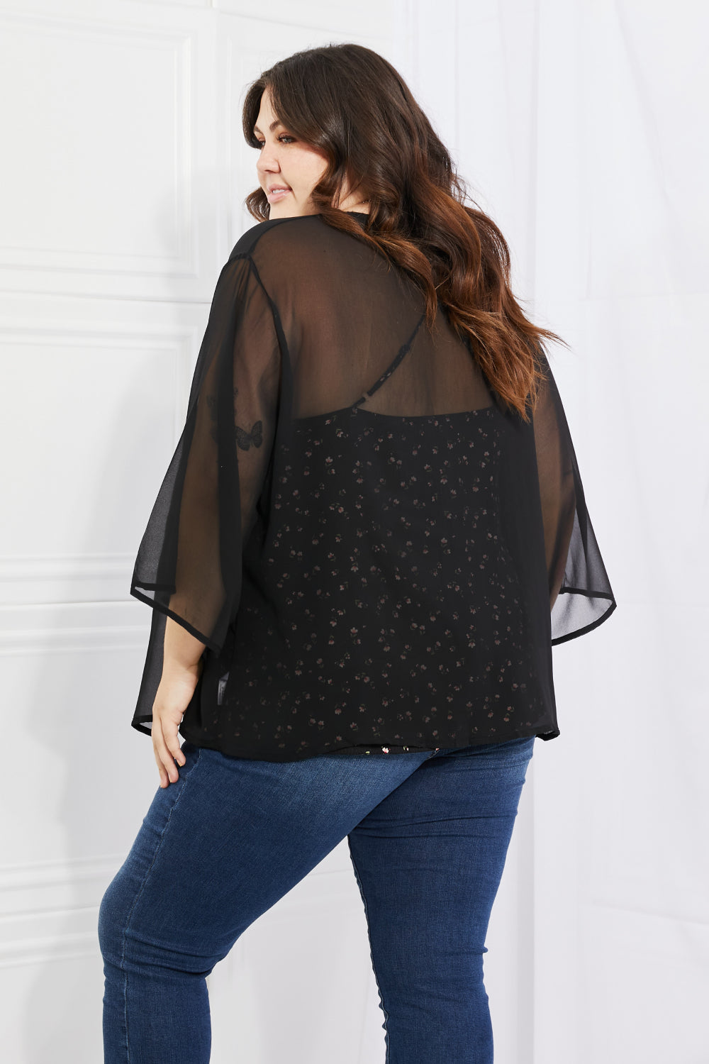 Women's Just Breathe Full Size Chiffon Kimono in Black