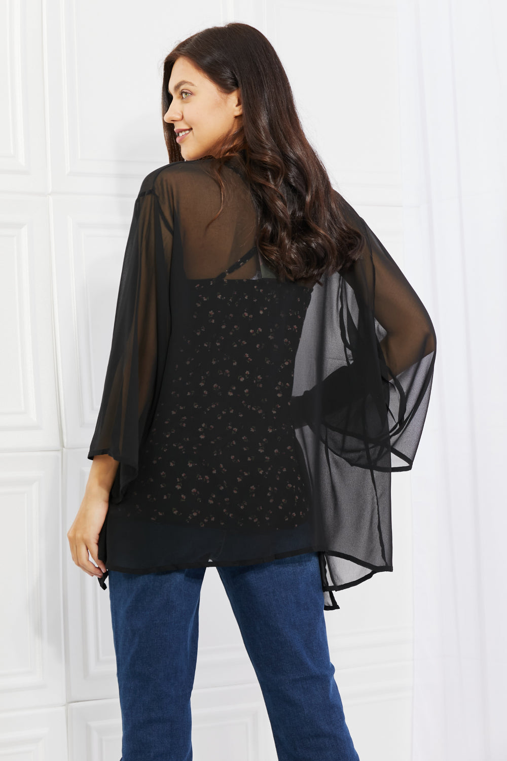 Women's Just Breathe Full Size Chiffon Kimono in Black