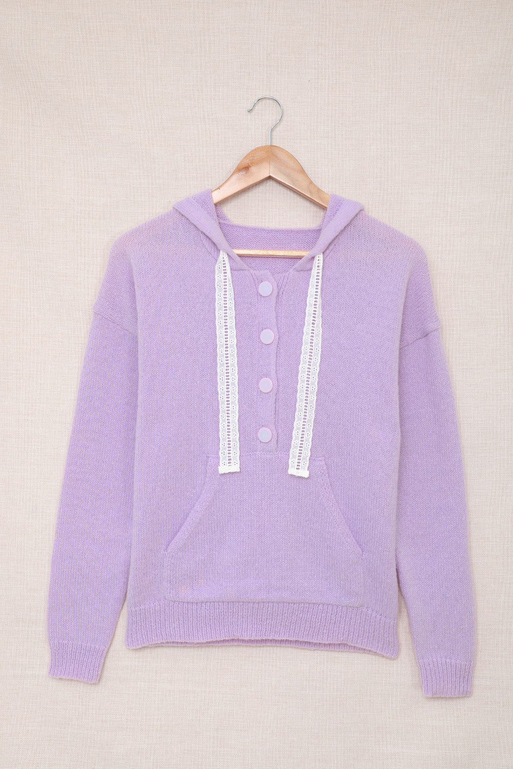 Women's Lace Trim Half-Button Drawstring Knitted Hoodie