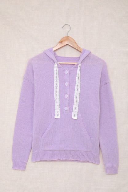 Women's Lace Trim Half-Button Drawstring Knitted Hoodie