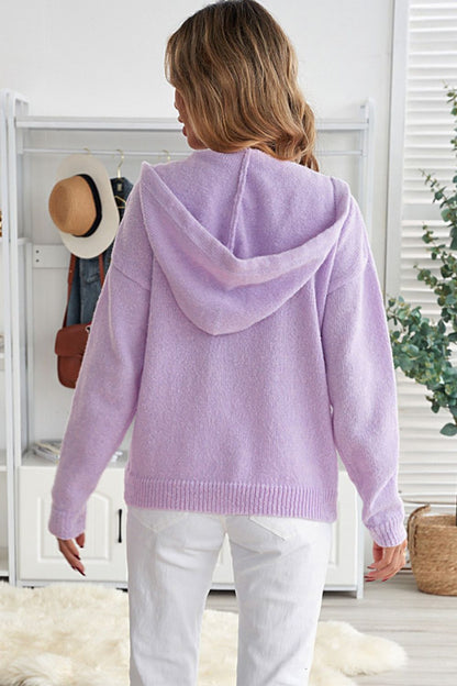 Women's Lace Trim Half-Button Drawstring Knitted Hoodie