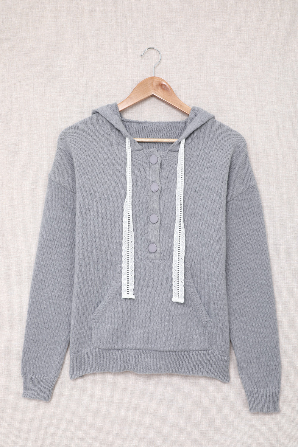 Women's Lace Trim Half-Button Drawstring Knitted Hoodie