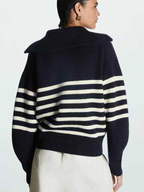 Women's Lapel Wool Blend Striped Sweater