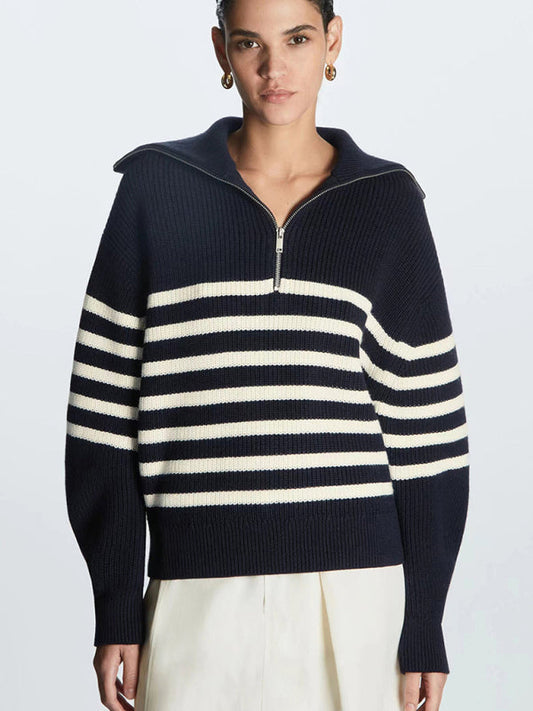 Women's Lapel Wool Blend Striped Sweater Blue