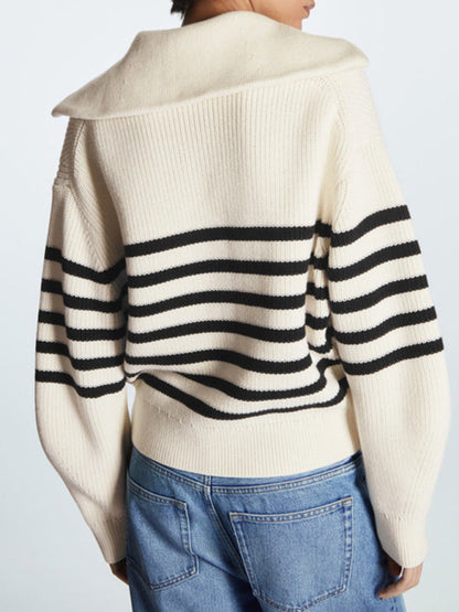 Women's Lapel Wool Blend Striped Sweater