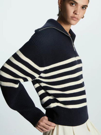 Women's Lapel Wool Blend Striped Sweater