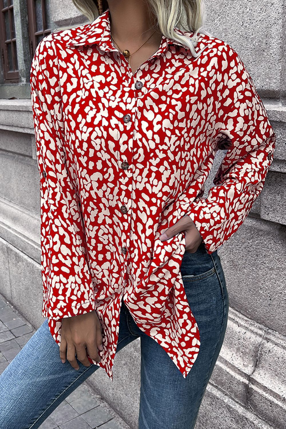 Women's Leopard Print Roll-Tab Sleeve Blouse Deep Red