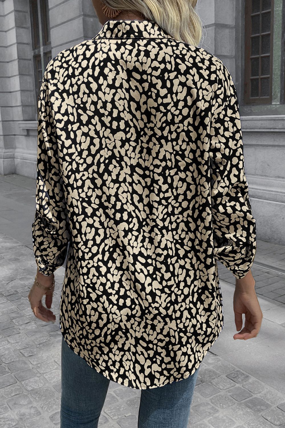 Women's Leopard Print Roll-Tab Sleeve Blouse