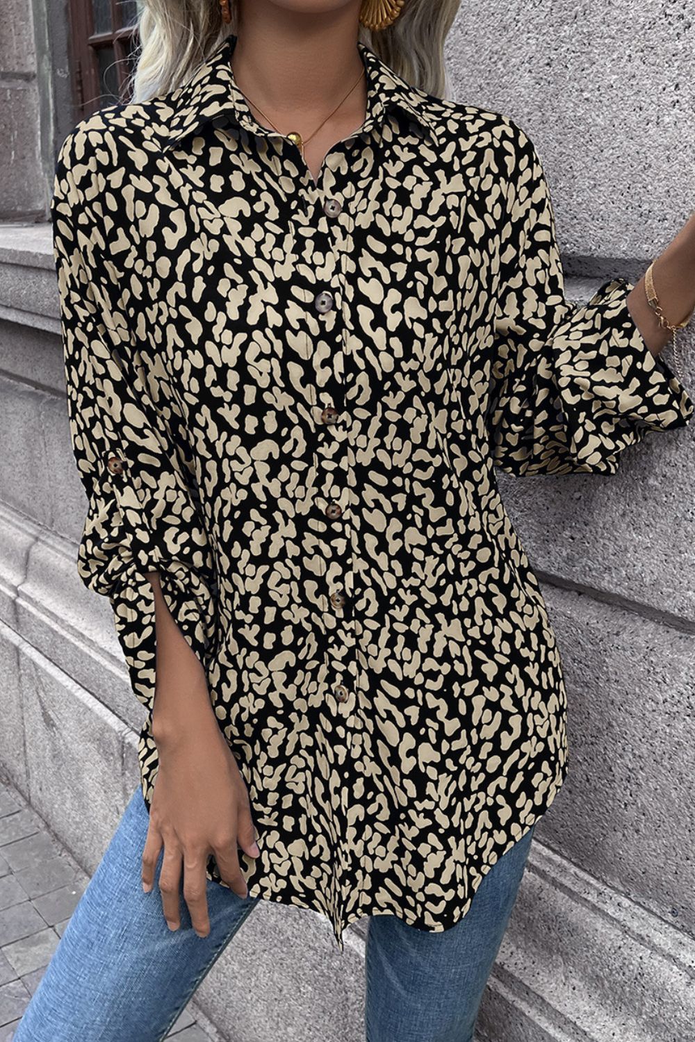 Women's Leopard Print Roll-Tab Sleeve Blouse
