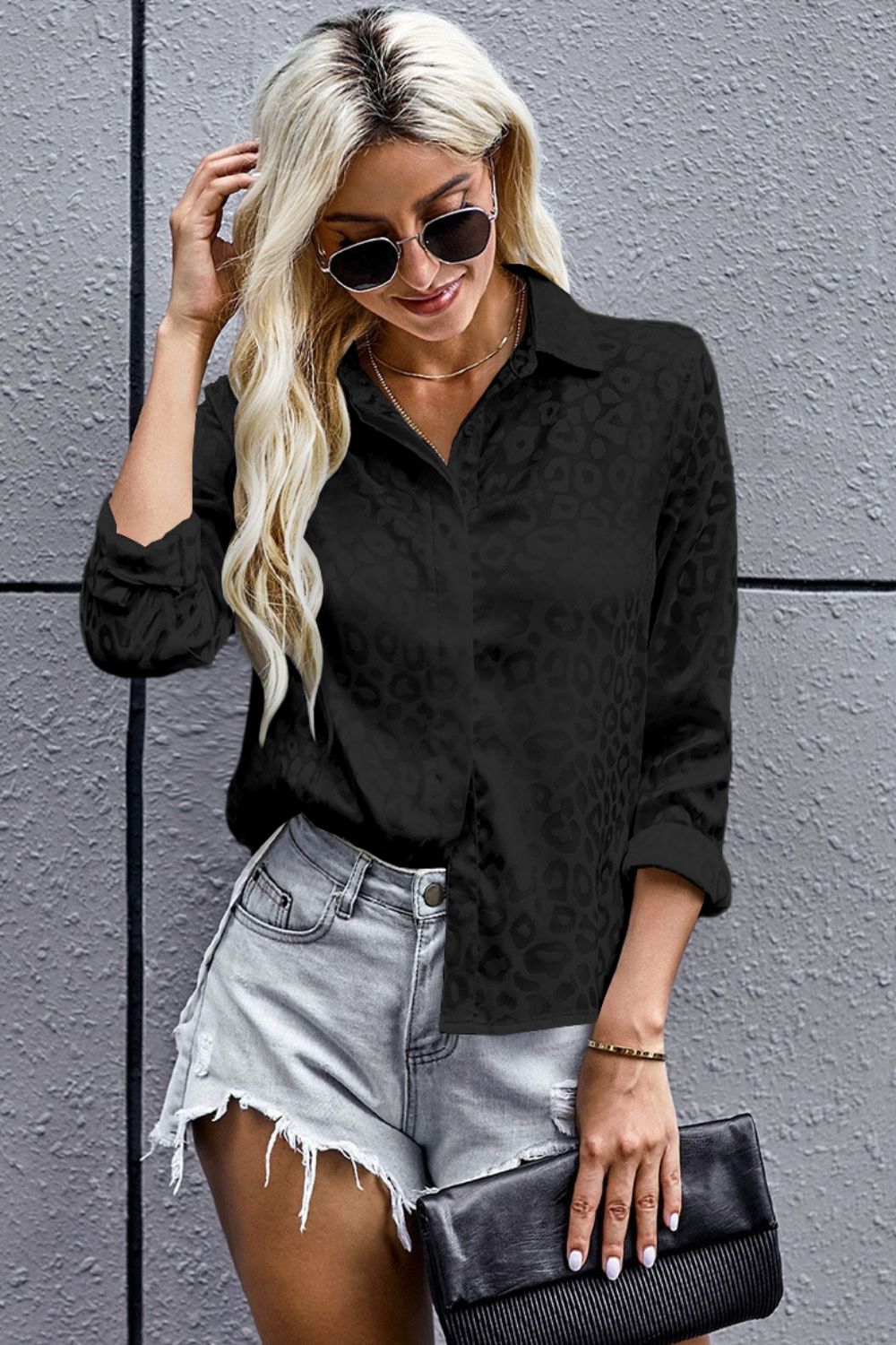 Women's Leopard Print Side Slit High-Low Blouse Black