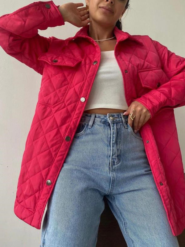 Women's Long Rhombus Cotton Jacket Red