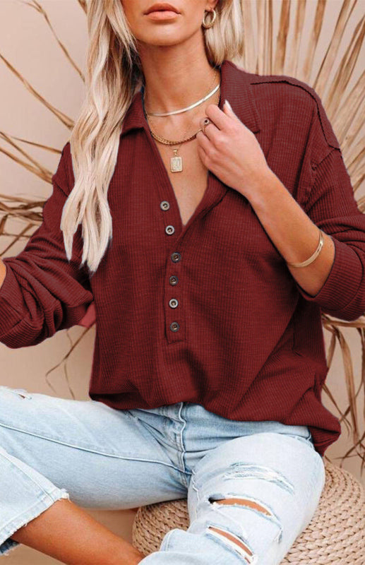 Women's Long Sleeve Button-Down Top Wine Red