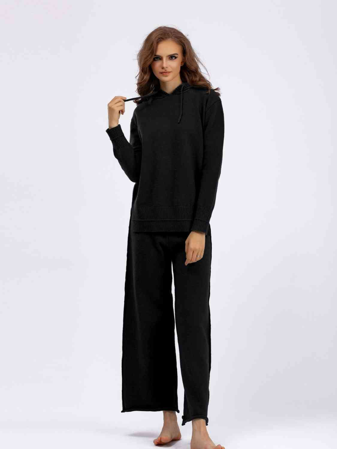 Women's Long Sleeve Hooded Sweater and Knit Pants Set