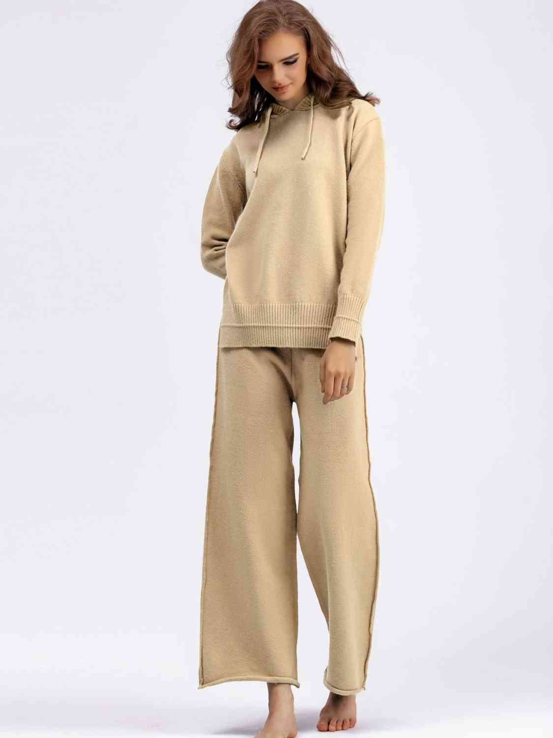 Women's Long Sleeve Hooded Sweater and Knit Pants Set Khaki One Size