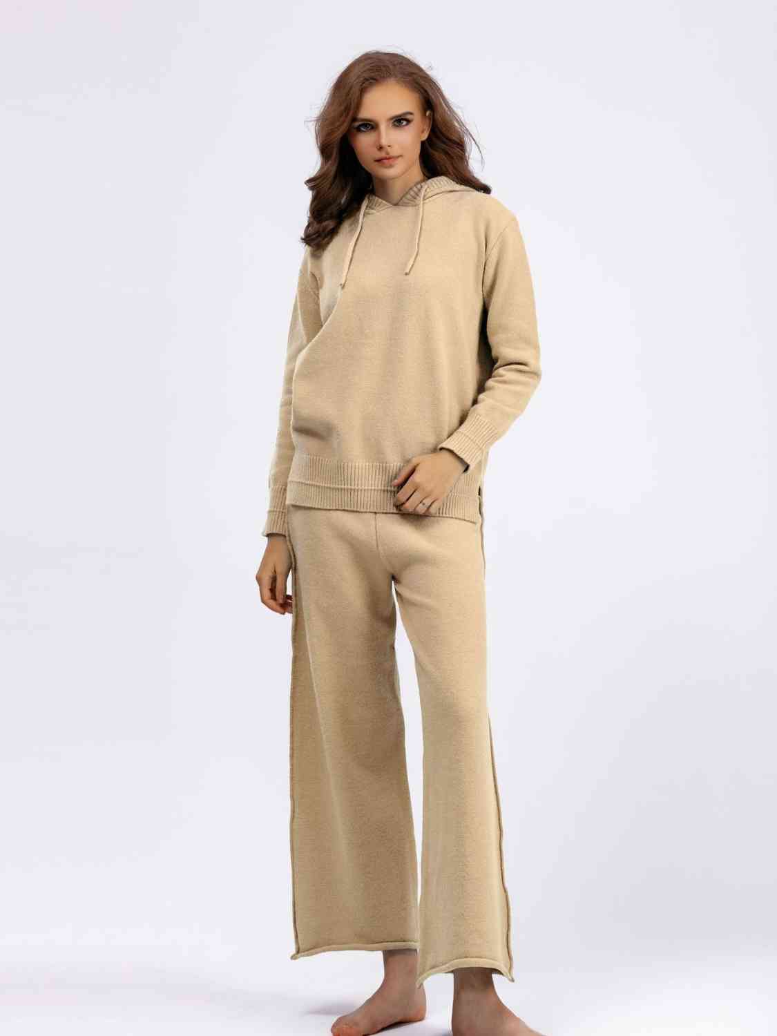 Women's Long Sleeve Hooded Sweater and Knit Pants Set