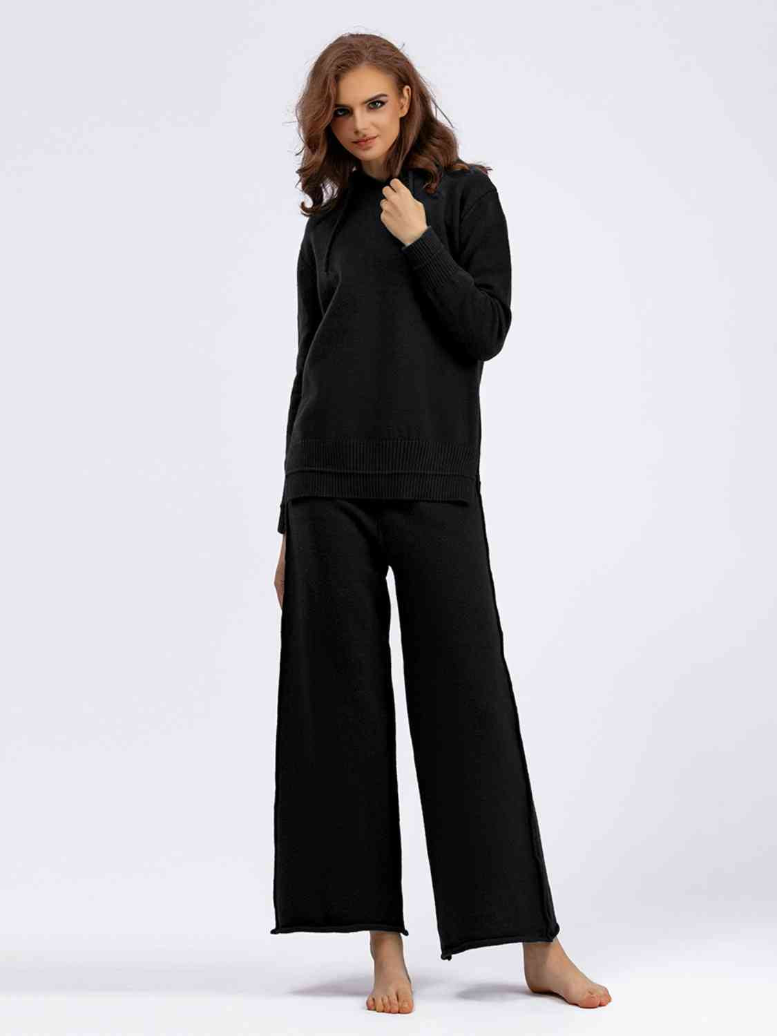 Women's Long Sleeve Hooded Sweater and Knit Pants Set Black One Size