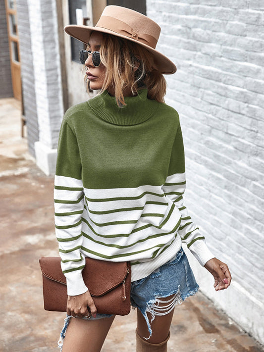 Women's Long Sleeve Turtleneck Striped Sweater Olive green