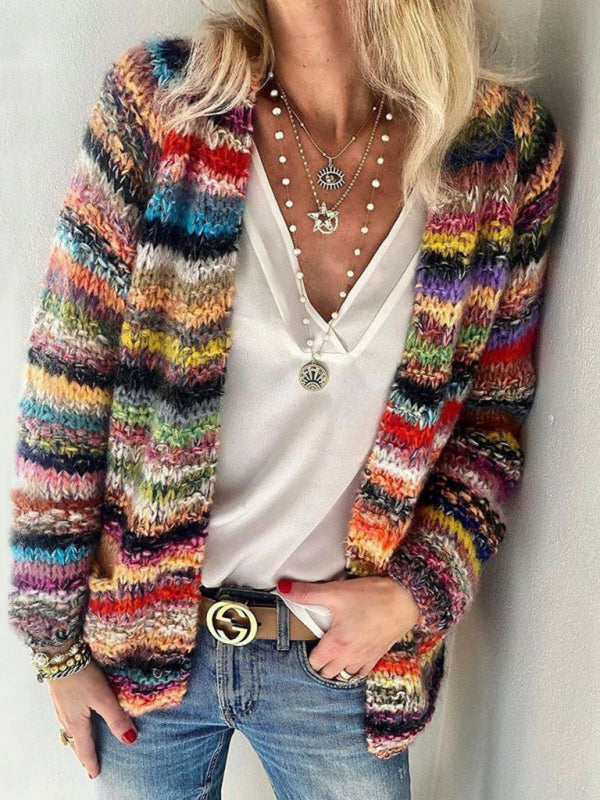 Women's Loose Button Color Striped Knitted Cardigan