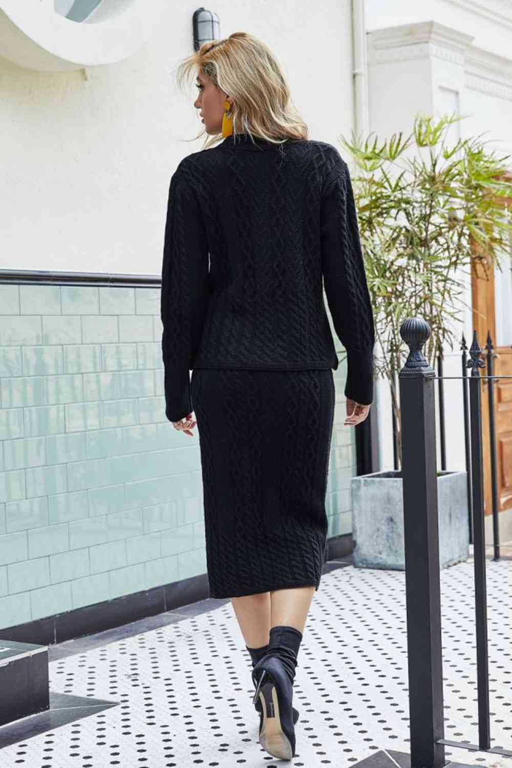 Women's Mixed Knit V-Neck Cardigan and Knit Skirt Set