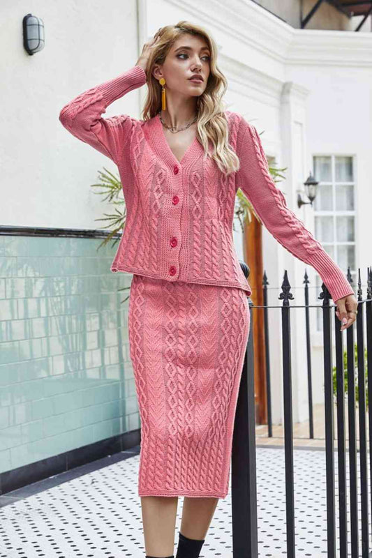 Women's Mixed Knit V-Neck Cardigan and Knit Skirt Set Pink
