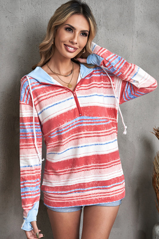 Women's Multicolor Striped Half Zip Hoodie with Kangaroo Pocket Stripe