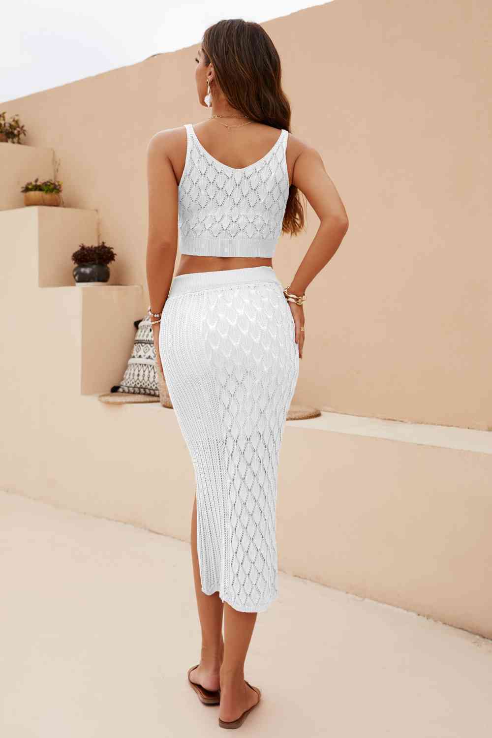 Women's Openwork Cropped Tank and Split Skirt Set