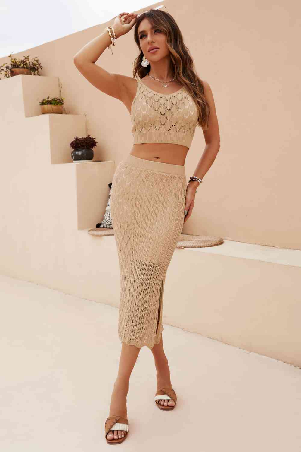 Women's Openwork Cropped Tank and Split Skirt Set