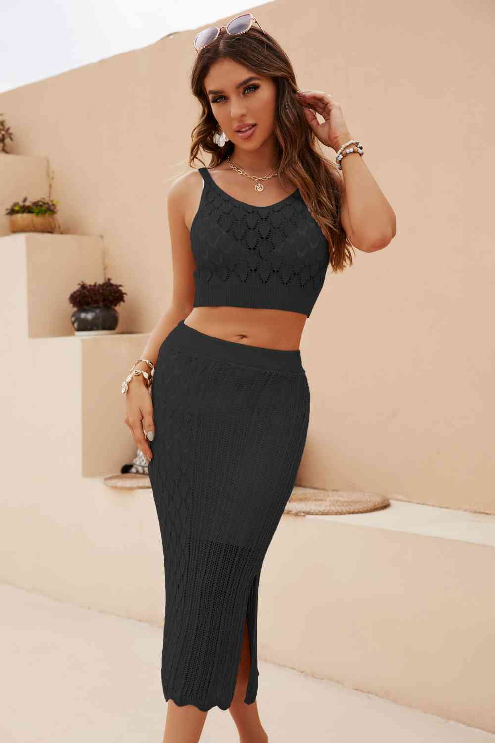 Women's Openwork Cropped Tank and Split Skirt Set