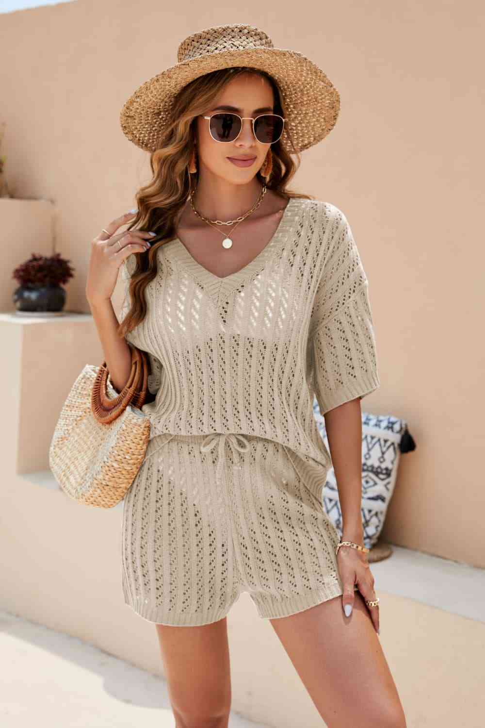 Women's Openwork V-Neck Top and Shorts Set Sand