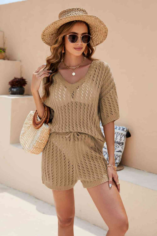 Women's Openwork V-Neck Top and Shorts Set Camel