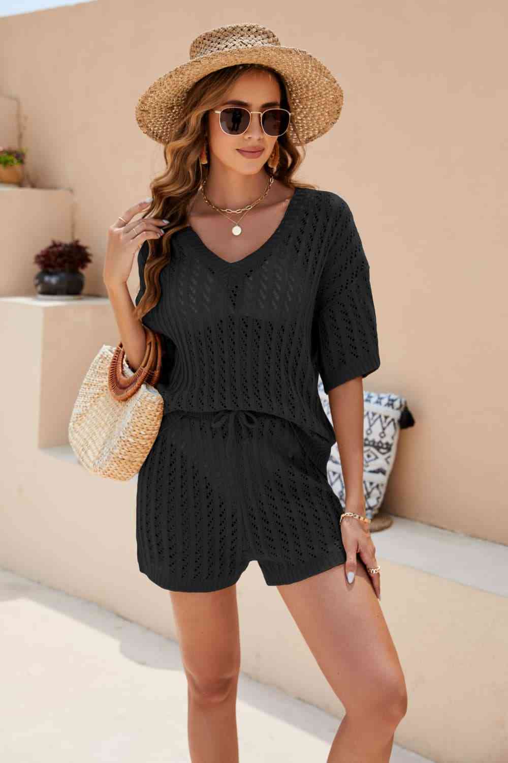 Women's Openwork V-Neck Top and Shorts Set Black