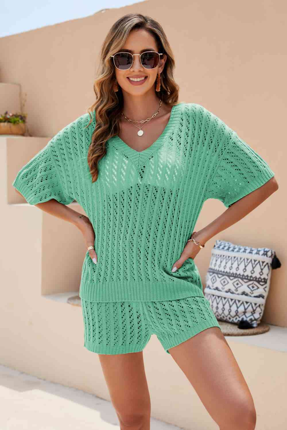 Women's Openwork V-Neck Top and Shorts Set