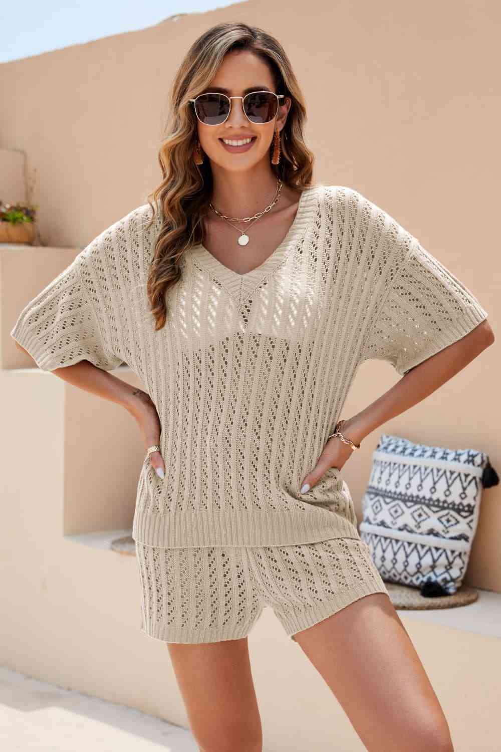 Women's Openwork V-Neck Top and Shorts Set