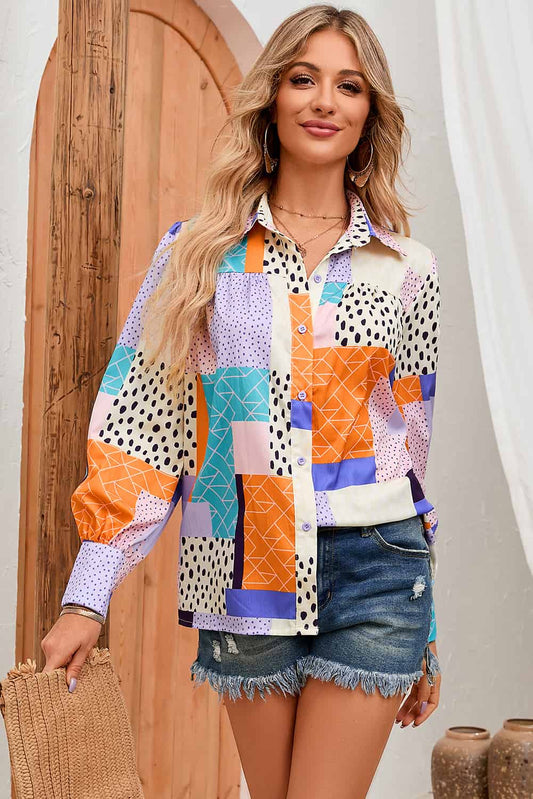 Women's Patchwork Puff Sleeve Collared Shirt Multicolor